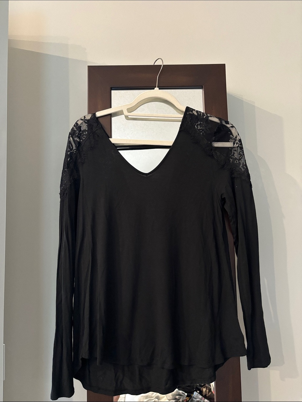Aeropostale Black Long-Sleeve V-Neck Top with Lace Shoulders